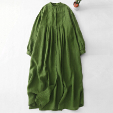 批发实拍 <b class='q'>亚麻</b>绿沈色长袖<b class='q'>连衣裙</b>女早秋新款文艺气质宽松长袍裙子