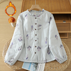 批发实拍 紫花印花棉服女冬加厚保暖木耳边领文艺