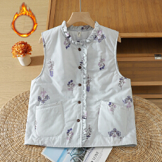 批发实拍 紫花印花棉服马夹女冬保暖木耳边领文艺
