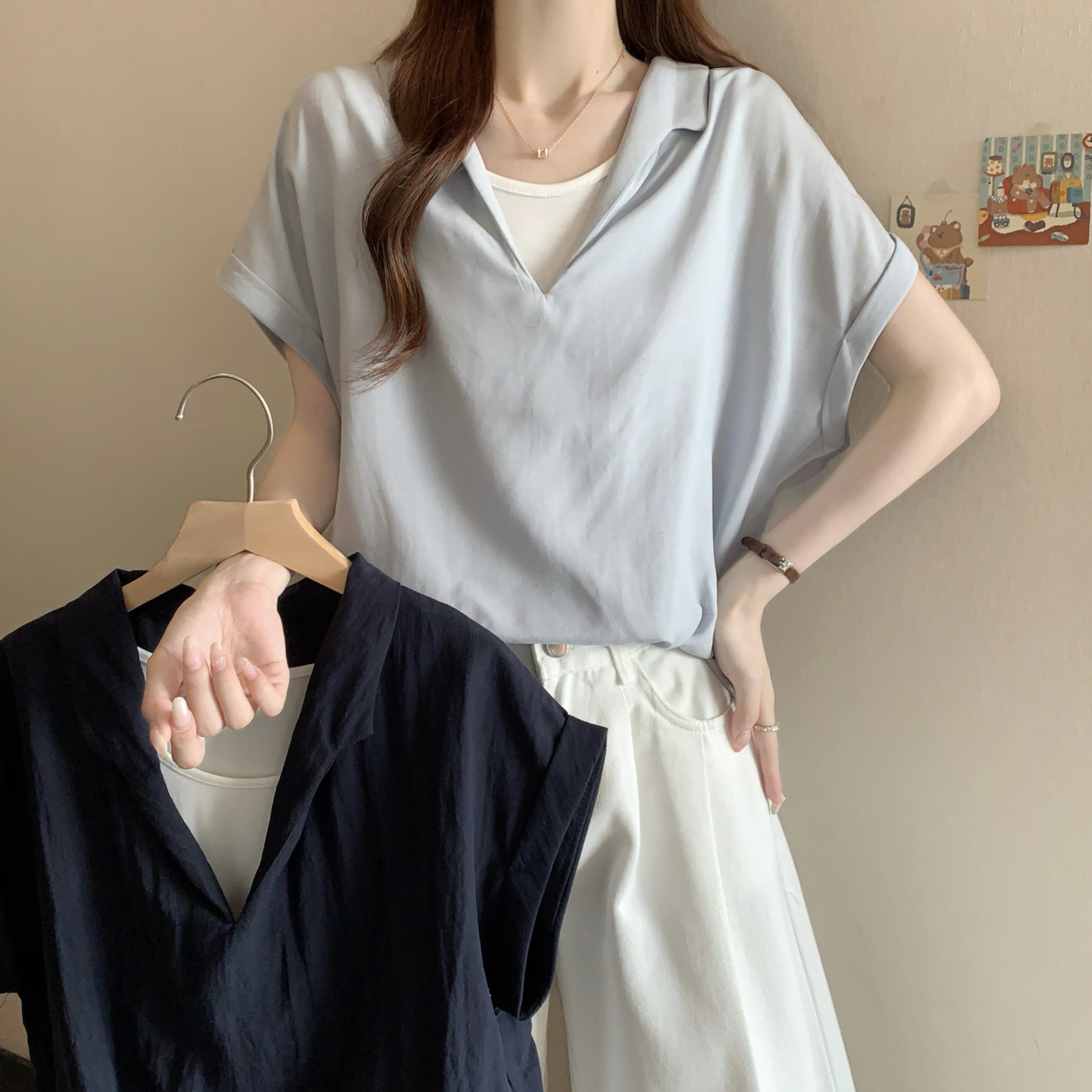 실사 빅 사이즈 디자인 센스 지방 mm 루즈핏 반팔 쉬폰 블라우스 인사이드 가져 가라. 투피스 조끼 여성