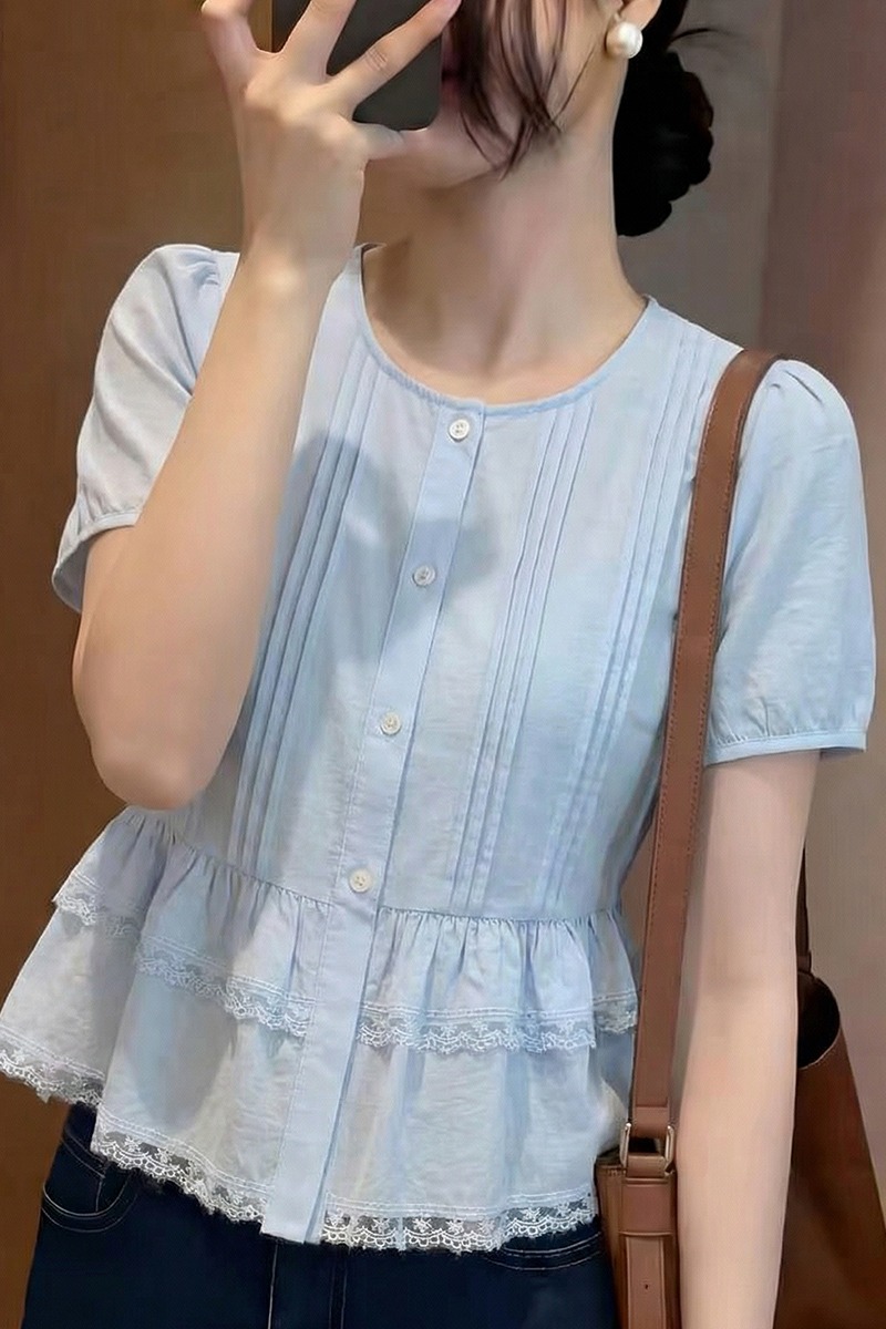 빅 사이즈 지방 mm 다용도 루즈핏 반팔 패치워크 라운드 넥 시폰 셔츠 여성