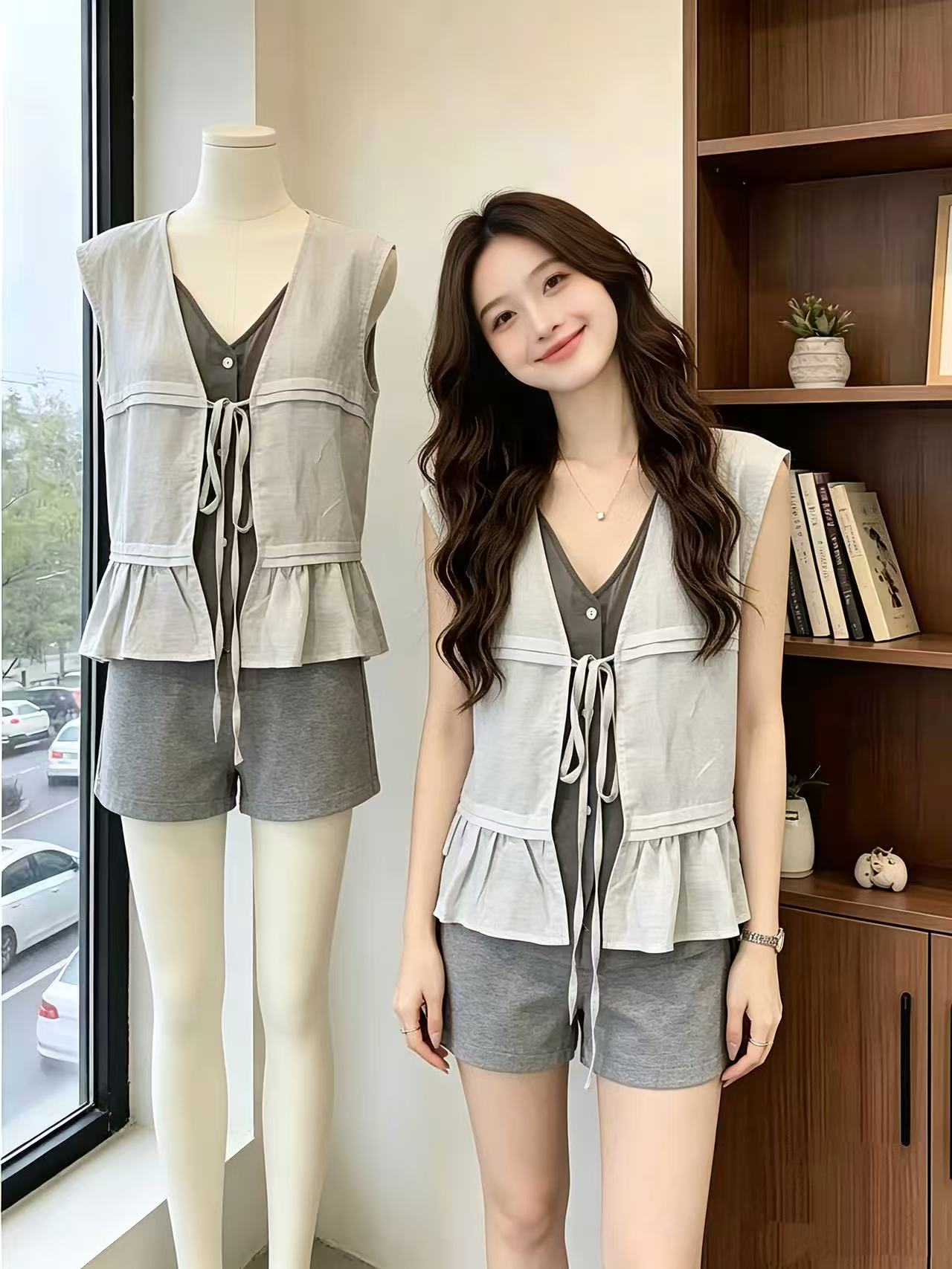 실사 디자인 센스 여름 새로운 민소매 레이스업 쉬폰 블라우스 스택 착용 두 조각 여성 세트