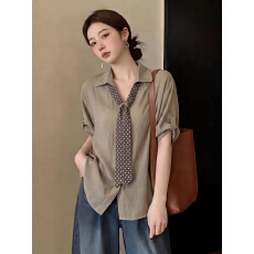 批发2026<b class='q'>夏</b>季新款简约丝带设计衬衫女大码宽松显瘦减龄单上衣