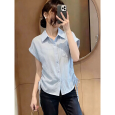 批发<b class='q'>夏</b>季2026新款polo领短袖法式衬衫女设计感显瘦减龄抽绳上衣潮