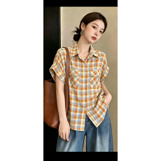 批发2026<b class='q'>夏</b>季新款时尚翻领休闲百搭格子衬衫女洋气甜美宽松上衣潮