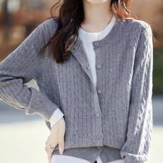 批发<b class='q'>春秋</b>圆领拼色假两件羊毛开衫女宽松麻花毛衣外套百搭针织上衣