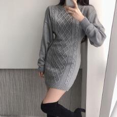 批发韩国ins秋冬气质圆领菱形纹小心机露背修身显瘦包臀针织<b class='q'>连衣裙</b>女