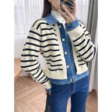 批发小香风牛仔衬衫领拼接针织开衫女早秋季设计感小众毛衣<b class='q'>短</b>外套上衣