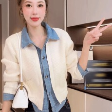 批发小香风牛仔衬衫领拼接针织开衫女早秋季设计感小众毛衣<b class='q'>短</b>外套上衣