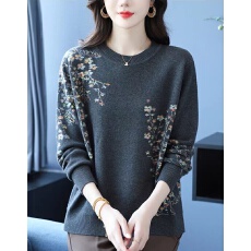 批发<b class='q'>大码</b>女装灰色针织衫女秋季休闲气质年轻妈妈上衣宽松显瘦印花毛衣