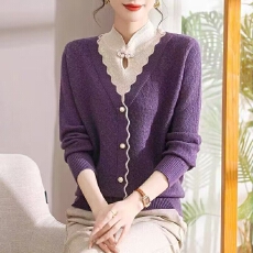 批发秋冬气质简约拼色假两件国风洋气半高领盘扣针织毛衣宽松长袖上衣