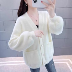 批发仿水貂绒毛衣外套女新款春秋加厚宽松慵懒风针织开衫