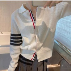 批发秋冬新款华夫格羊毛针织开衫女polo领宽松长袖休闲毛衣翻领外套