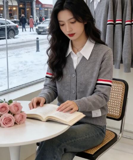 학원 스타일 페이크 레이어드 니트 오픈 가디건 여성 봄 가을 회색 스트라이프 폴로 칼라 스웨터 코트 다용도 고급 센스 맨위