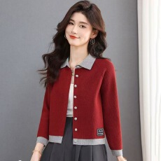 批发新款羊毛衫春秋季撞色翻领针织开衫<b class='q'>女装</b>短款小个子百搭毛衣外套潮
