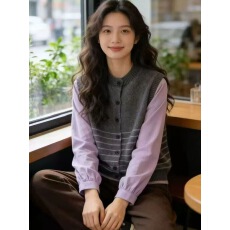批发假两件高级感条纹毛衣<b class='q'>女</b>秋冬2026新款百搭宽松拼接针织衫上衣外套
