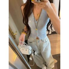 批发纯欲甜辣妹v领挂脖单排扣<b class='q'>针织</b>吊带背心夏季女装颗粒纱小香风上衣