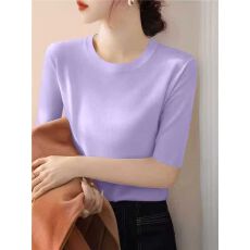 批发圆领毛衣宽松显瘦五分<b class='q'>袖</b>针织衫2026夏季新款韩系纯色<b class='q'>上衣</b>