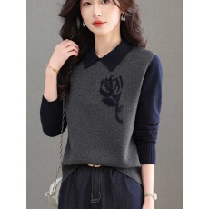 批发翻领撞色<b class='q'>长袖</b><b class='q'>针织衫</b>女春季新款洋气时尚减龄打底衫毛衣上衣