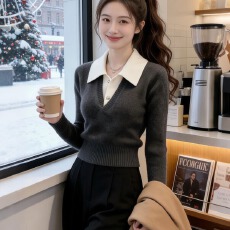 批发韩系撞色polo领假两件<b class='q'>长袖</b><b class='q'>针织衫</b>女秋冬独特漂亮修身显瘦打底上衣