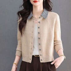 批发2026春季薄款<b class='q'>长袖</b>撞色拼接针织开衫遮肉POLO领上衣