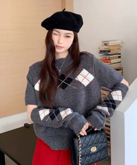 한 부서 레트로 링 그리드 디자인 센스 라운드 넥 반팔 스웨터 경기 같은 색상 소매 커버