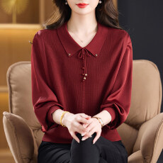 批发<b class='q'>中老年</b>妈妈春秋装薄款翻领打底小衫外穿高级感长袖t恤女宽松上衣