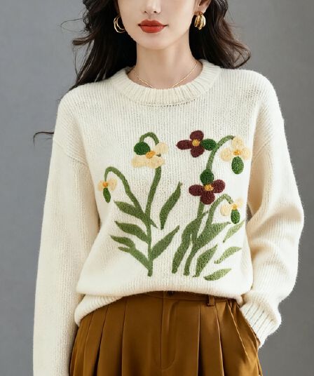 질감 신선함 아름다운 꽃 자카드 2026 가을 의상 루즈핏 라운드 넥 풀오버 스웨터 여자 풀오버 맨위