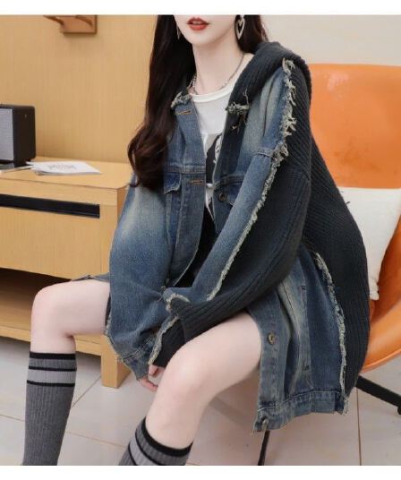 느긋한 후드티 후드 데님 패치워크 스웨터 여자 가을 겨울 새로운 외부 가져 가라. 루즈핏 니트 오픈 가디건 페이크 레이어드 재킷
