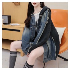 批发慵懒卫衣连帽牛仔拼接毛衣女秋冬新款外搭宽松<b class='q'>针织</b><b class='q'>开衫</b>假两件外套