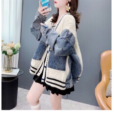批发秋冬新款设计感美式复古嘻哈拼接<b class='q'>针织</b>牛仔外套女宽松休闲百搭<b class='q'>开衫</b>