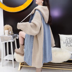 批发连帽拼接牛仔外套女秋冬韩版中长款过膝复古港味宽松工装大风衣