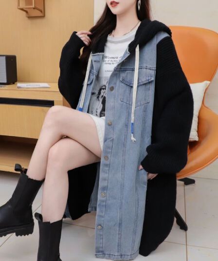 후드 패치워크 데님 여성 코트 가을 겨울 한국 스타일 중간 길이 무릎 아래 레트로 홍콩 느낌 루즈핏 워크웨어 대 바람막이