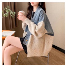 批发2026秋冬新款牛仔拼接毛衣外套女爆款宽松慵懒风<b class='q'>针织</b><b class='q'>开衫</b>上衣