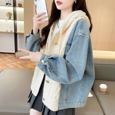 批发慵懒风牛仔拼接连帽毛衣女外穿秋冬新款小众宽松遮肉<b class='q'>针织</b><b class='q'>开衫</b>外套