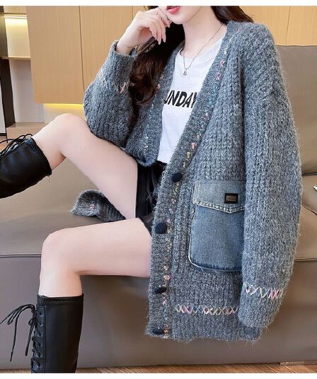 루즈핏 느긋한 바람 패치워크 데님 주머니 오픈 가디건 스웨터 여성 의류 가을 겨울 새로운 캐주얼 V넥 니트 스웨터 재킷