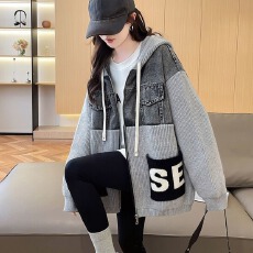 批发韩版慵懒风牛仔拼接连帽毛衣女秋冬外穿新款小众宽松<b class='q'>针织</b><b class='q'>开衫</b>外套
