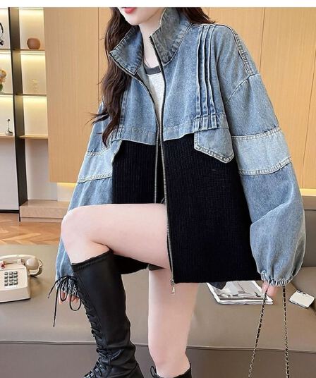 데님 패치워크 스탠드 칼라 스웨터 여성 코트 가을 겨울 2026 루즈핏 외국 가스 레트로 느긋한 바람 높은 품질 니트 스웨터