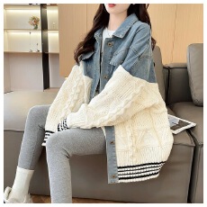 批发韩版秋冬牛仔拼接Polo领<b class='q'>针织</b><b class='q'>开衫</b>外套女装宽松连帽大版毛衣外搭厚