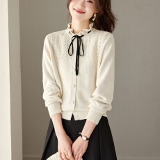 批发红色蝴蝶结系带春秋季荷叶领羊毛<b class='q'>针织</b><b class='q'>开衫</b>女新款气质显瘦毛衣外套