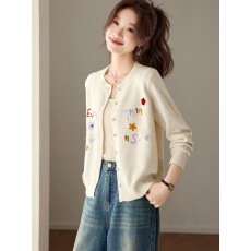 批发超好看彩色字母花朵刺绣圆领<b class='q'>针织</b><b class='q'>开衫</b>女短款2026新款减龄毛衣外套