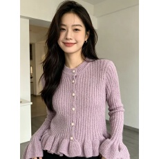 批发韩系单排扣荷叶边百搭纯色修身长袖<b class='q'>针织</b>上衣女<b class='q'>开衫</b>喇叭袖法式温柔