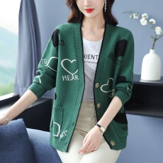 批发提花单排扣羊毛开衫女中长款宽松大码 V领洋气<b class='q'>妈妈</b>针织<b class='q'>外套</b>潮
