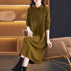 批发秋冬新款毛衣裙女长款翻领宽松过膝连衣裙子防羊毛针织衫打底长裙