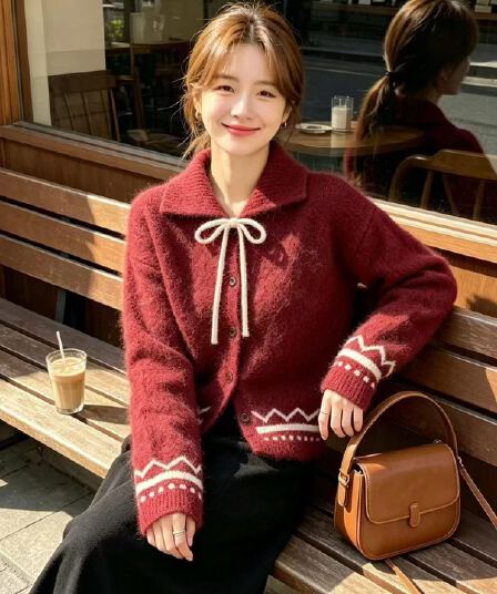 폴로 칼라 레이스업 스웨터 여성 코트 봄 가을 겨울 새로운 그리드 레이 부서 회색 니트 오픈 가디건 레트로 자카드 맨위