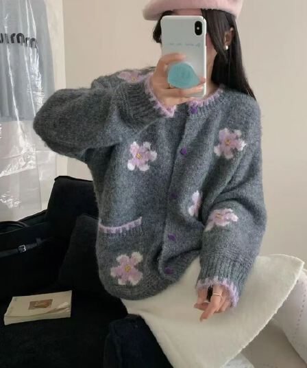 한 부서 달콤함 배색 꽃 스웨터 여성 코트 가을 겨울 의류 새로운 루즈핏 부드러운 바람 연령 감소 니트 오픈 가디건
