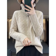 批发新款麻花拉链针织<b class='q'>开衫</b>高领毛衣秋冬外套针织衫宽松针织衫