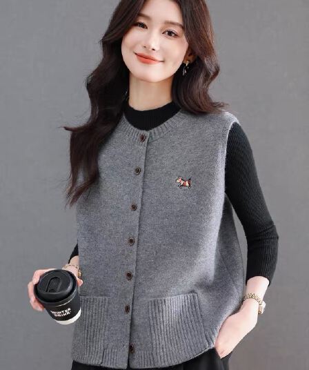 봄 가을 새로운 카디건 라운드 넥 민소매 베스트 여성 코트 오픈 가디건 쇼트 스타일 싱글 줄 버튼 더블 주머니 루즈핏