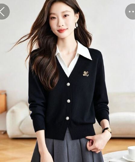 작은 샤넬 스타일 페이크 레이어드 폴로 칼라 긴팔 패치워크 색상 니트 스웨터 여성 가을 새로운 디자인 센스 시간 스웨터 여자