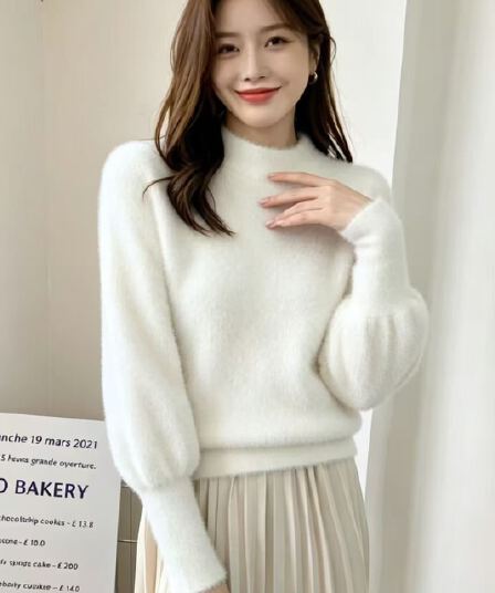반하이넥 모방 밍크 플리스 스웨터 여자 새로운 다용도 몸매 가꾸기 인사이드 가져 가라. 벌룬 소매 맨위